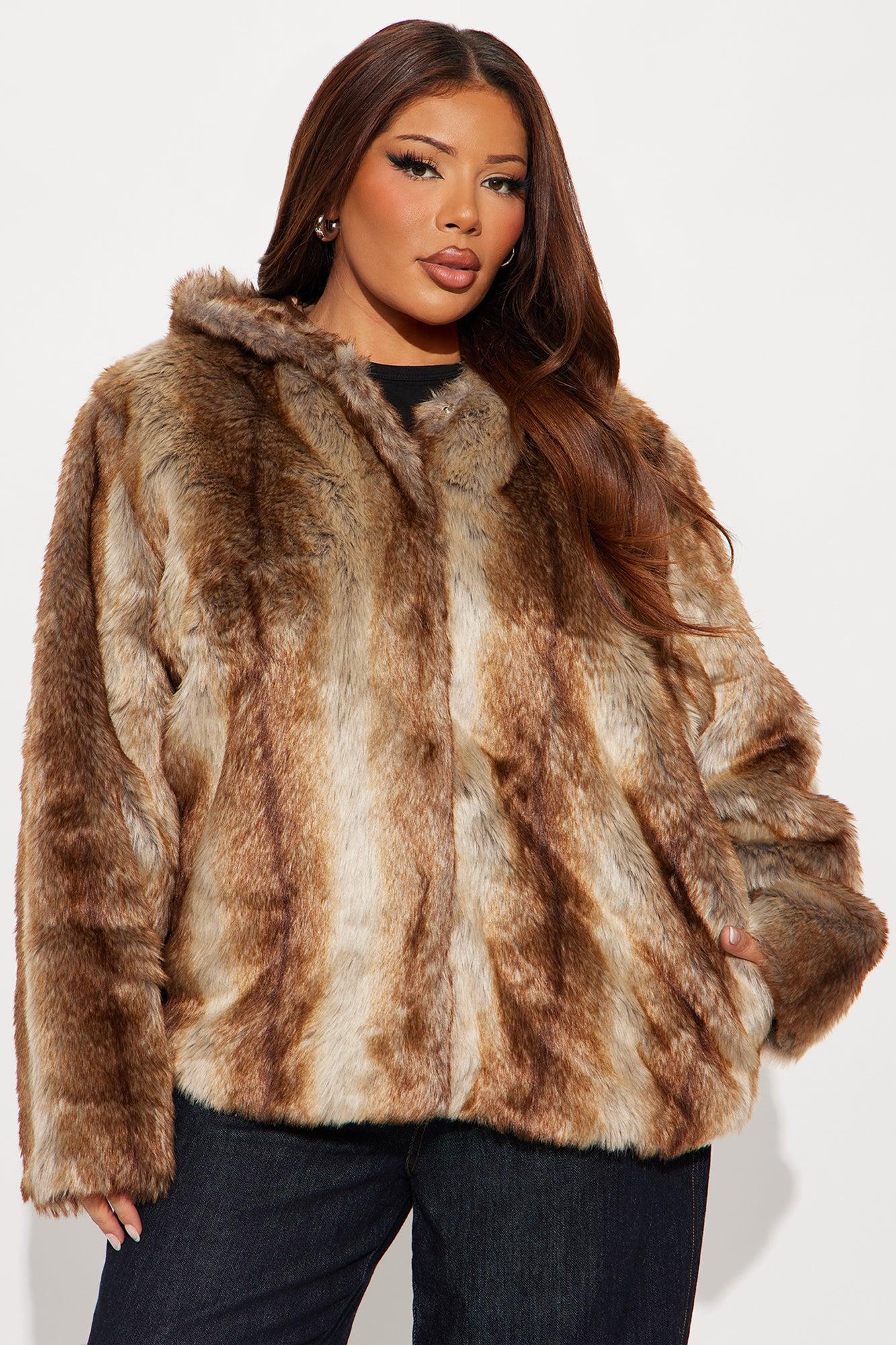 About The Drama Hooded Faux Fur Trench - Brown/combo Female Product Image
