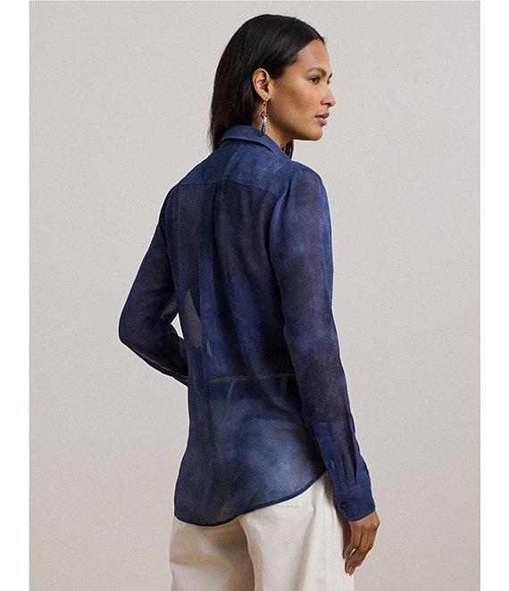 Lauren Ralph Lauren Sheer Chiffon Cerulean Print Point Collar Long Sleeve Shirt Product Image