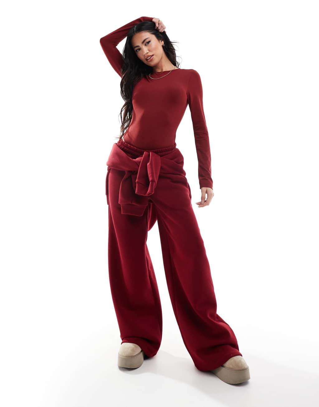 Miss Selfridge crew neck soft touch lounge bodysuit in burgundy - part of a set Product Image