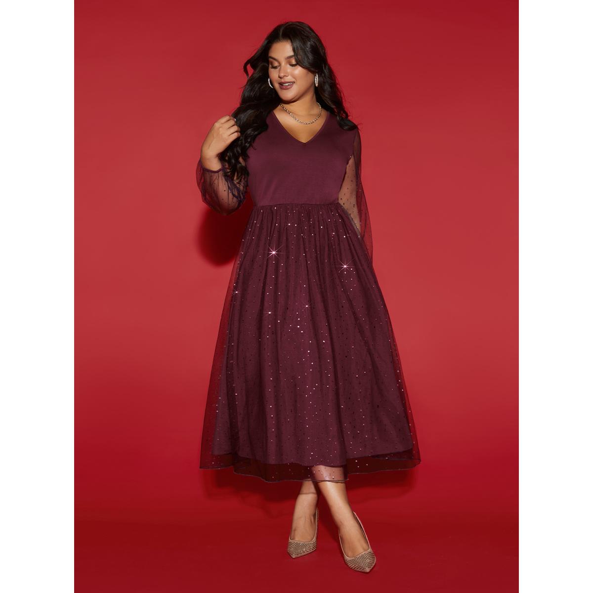 Plus Size Sheer Mesh Shimmering Sequins Maxi Dress Burgundy Women Party&Cocktail Texture Party Curvy Bloomchic 14-16/1X Product Image