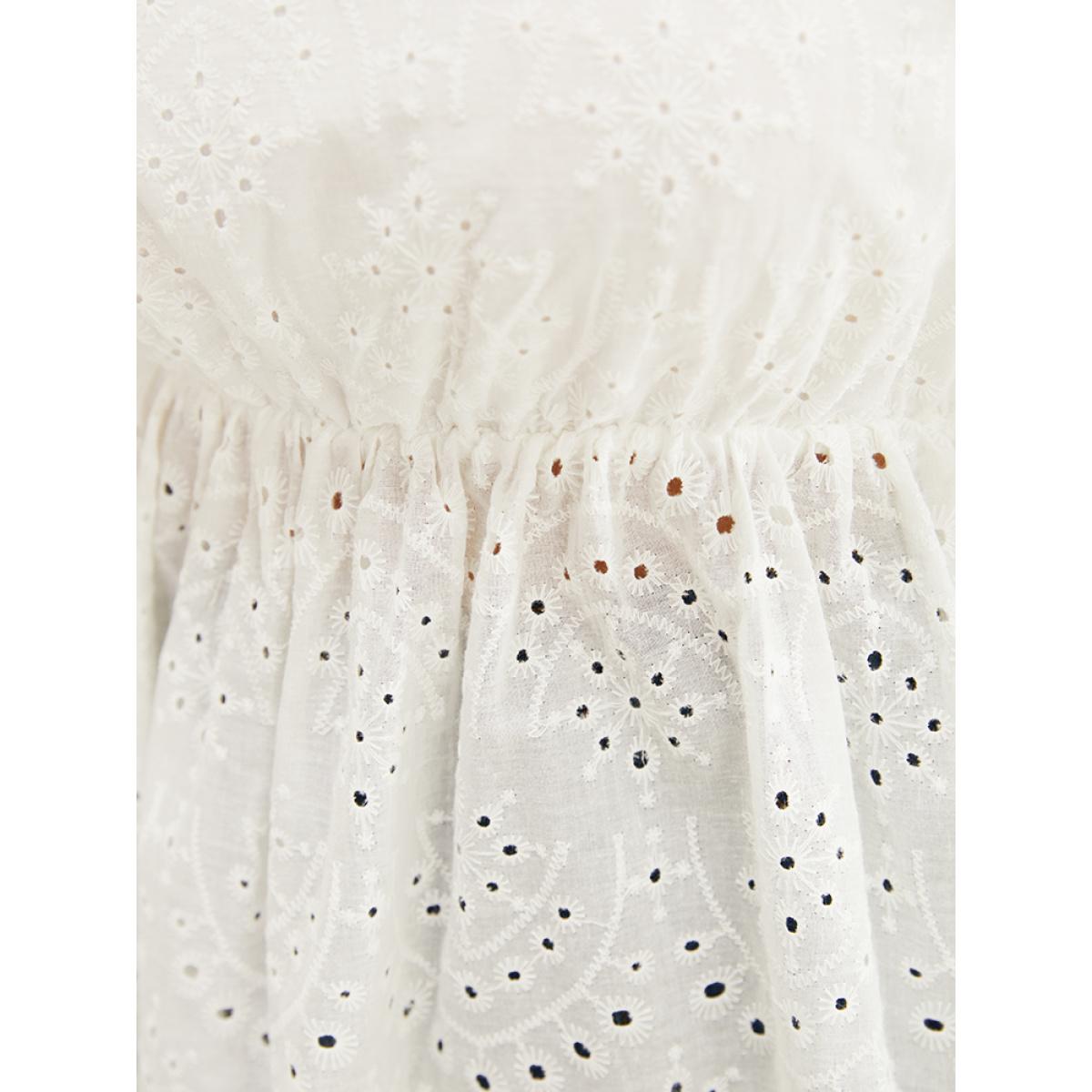 Plus Size White Solid Ruffles Scalloped Trim Laser Cut Blouse Women Vacation Short sleeve V-neck Dailywear Blouses BloomChic 28/5X Product Image