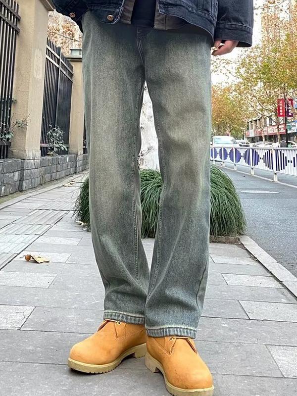 Men's Vintage Wash Denim Loose Jeans Product Image