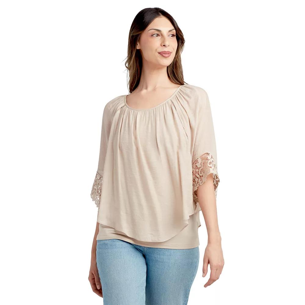 Womens AB Studio Popover Lace Trim Top Brown Product Image