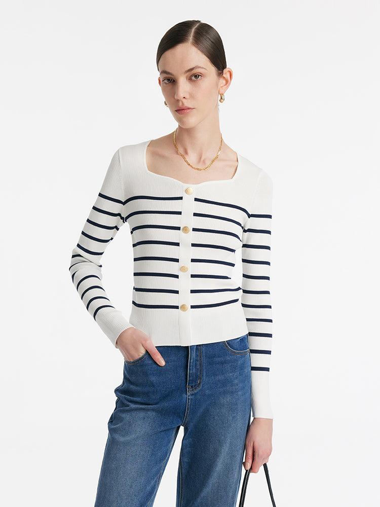 Acetate Square Neck Striped Women Knit Top Product Image