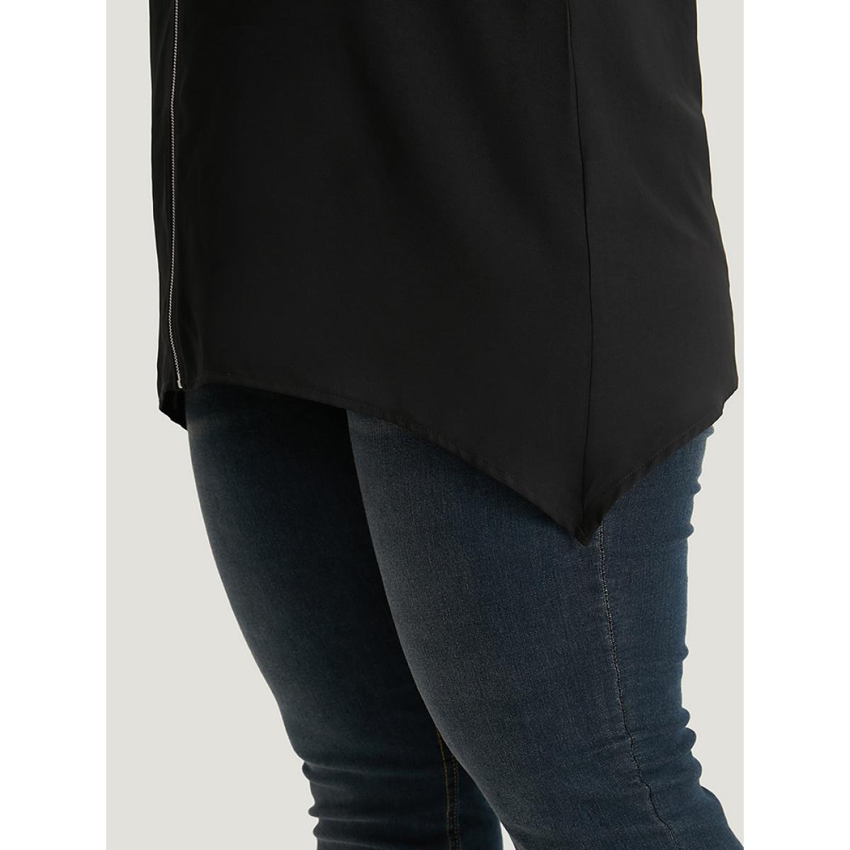 Plus Size Black Plain Zipper Curved Hem Blouse Women Office Short sleeve V-neck Work Blouses BloomChic 10/M Product Image