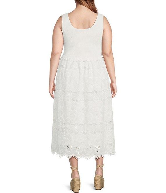 Skies Are Blue Plus Size Smocked Top Broderie Anglaise Midi Dress Product Image