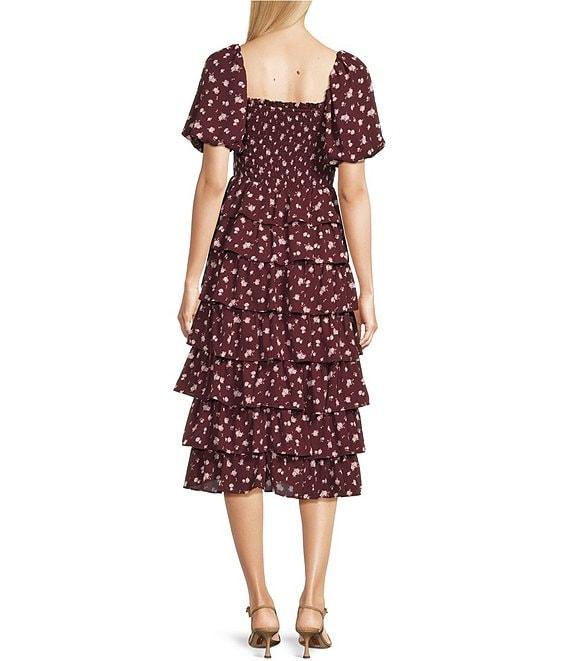 Midnight Doll Floral Print Puff Sleeve Smocked Tiered Midi Dress Product Image