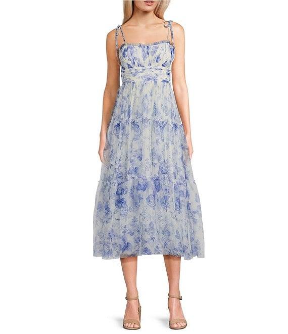 City Vibe Floral Tulle Square Neck Sleeveless Dress Product Image