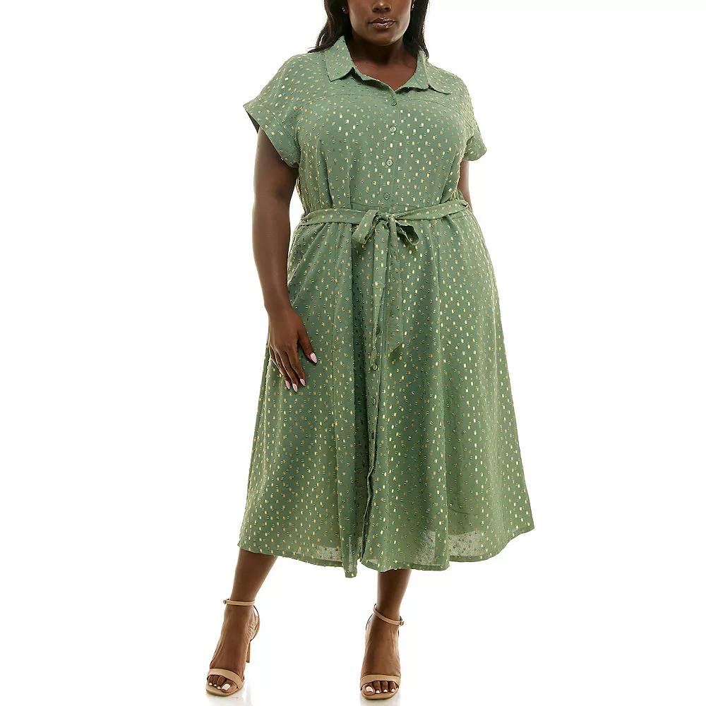 Plus Size Nina Leonard Spotted Gold Button Down Shirt Midi Dress, Womens Product Image