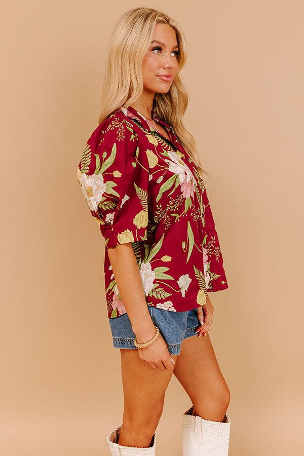 Dreaming Of Dahlias Button Up Top in Wine Product Image