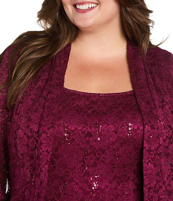 R & M Richards Plus Size Lace Sequin Power Mesh Scallop Trim 3/4 Sleeve Jacket Midi Dress Product Image