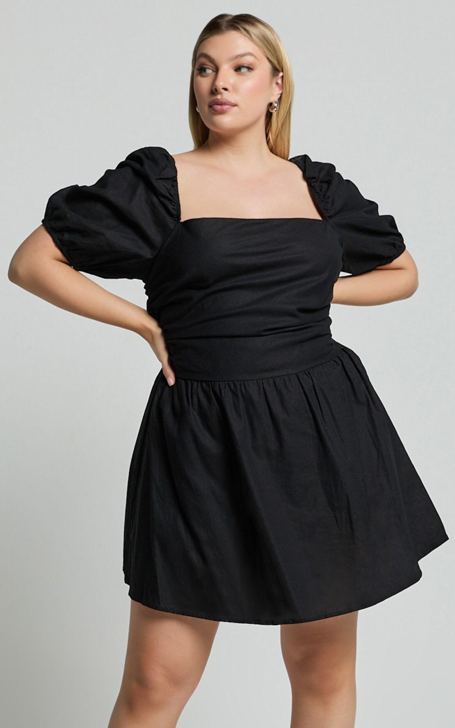 Claudina Mini Dress - Linen Look Puff Sleeve Ruched Bodice Dress in Black Product Image