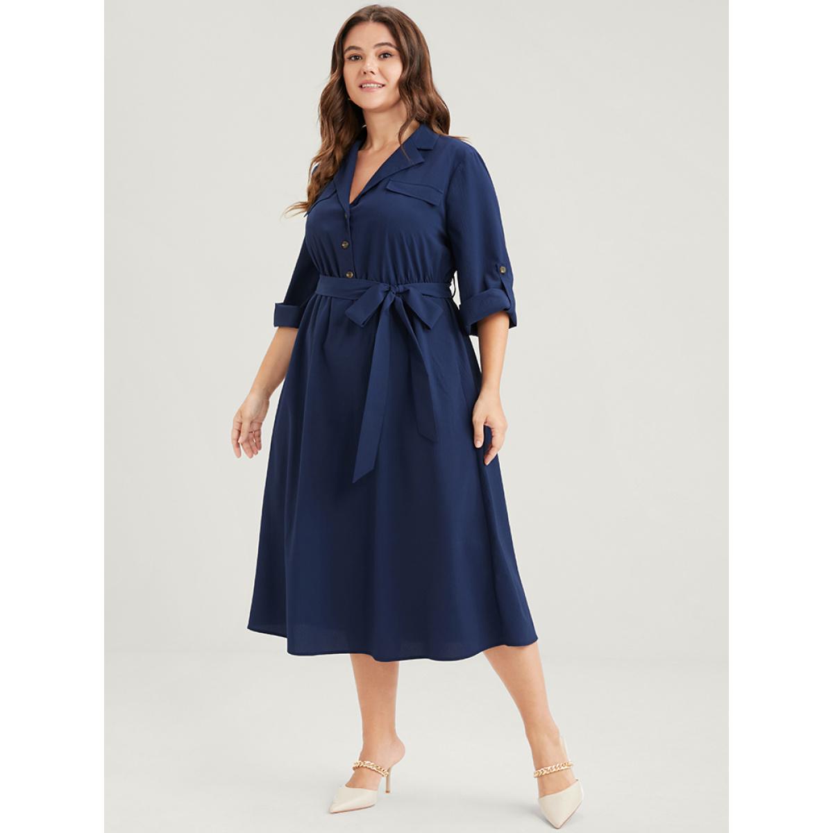 Plus Size Plain Button Cuffed Sleeve Pocket Belted Lapel Collar Dress DarkBlue Women Office Belted Lapel Collar Elbow-length sleeve Curvy Midi Dress BloomChic 26/4X Product Image