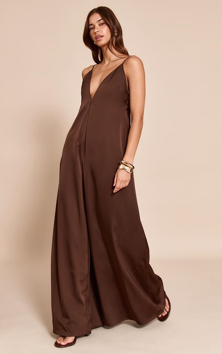 Chocolate Satin V Neck Wide Leg Jumpsuit Product Image
