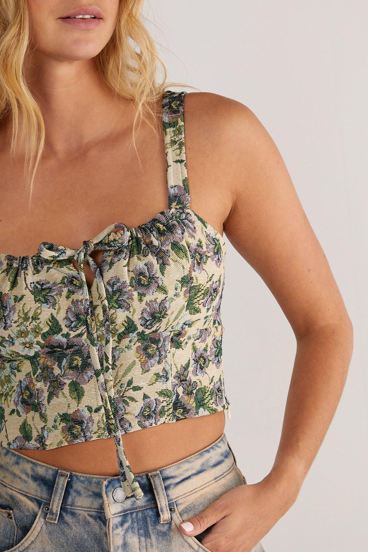 Floral Tapestry Ruched Tie Front Crop Top Product Image