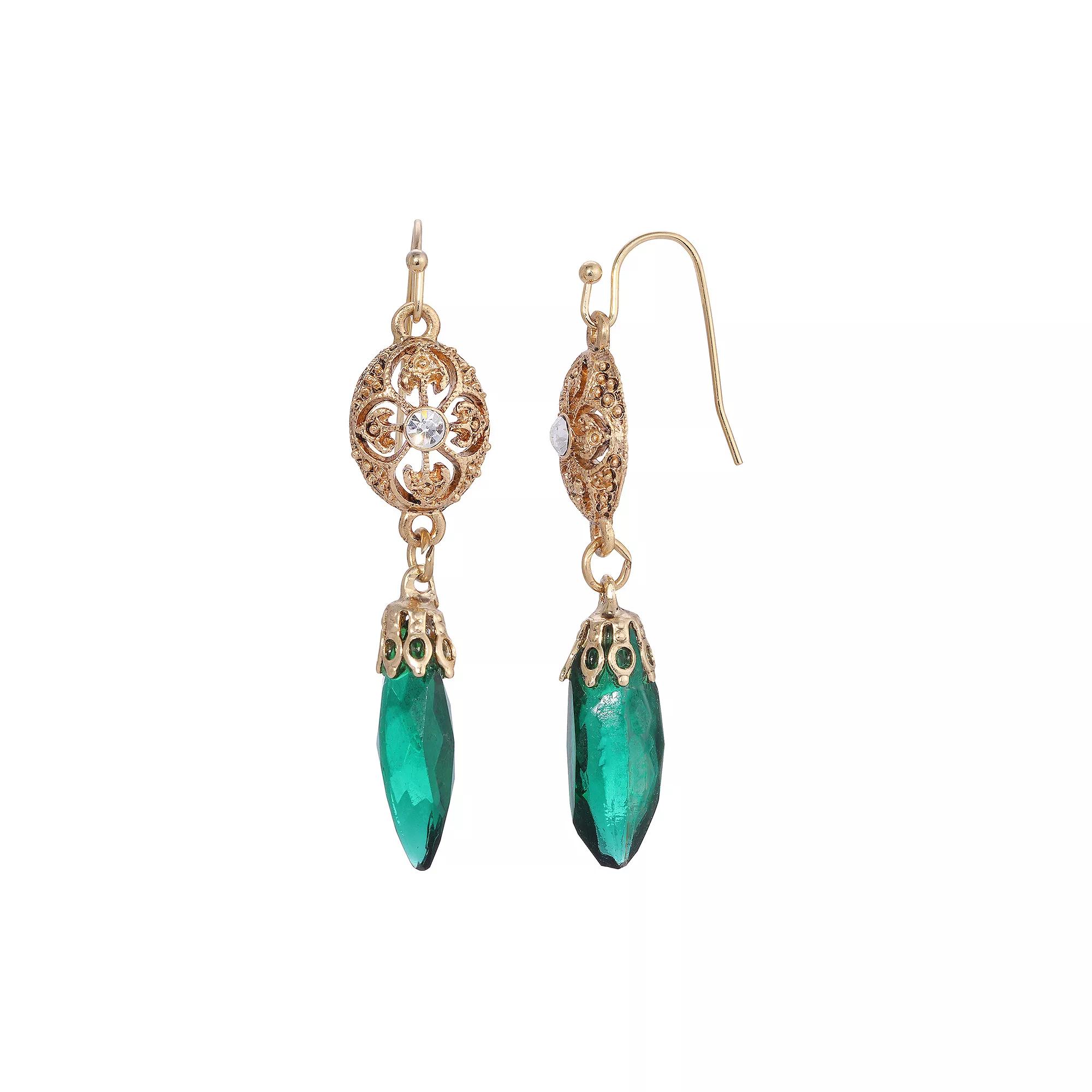 1928 Gold Tone Filigree Icicle Drop Earrings, Women's, Green Product Image
