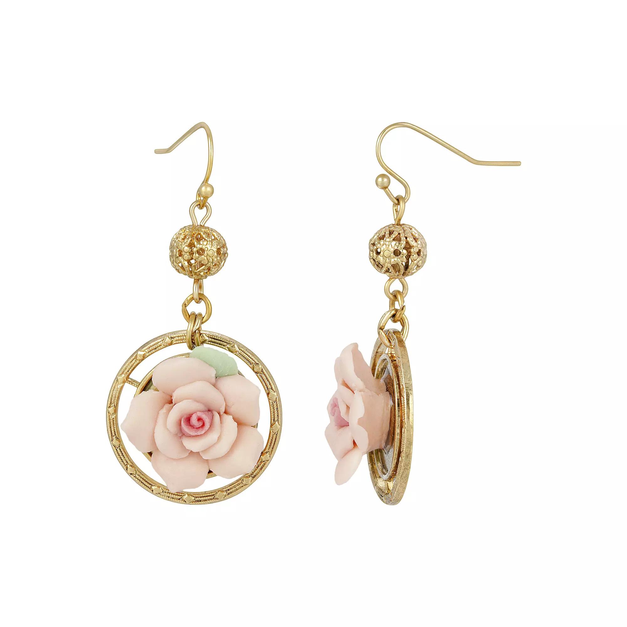 1928 Gold Tone Pink Porcelain Rose Drop Earrings, Womens Product Image