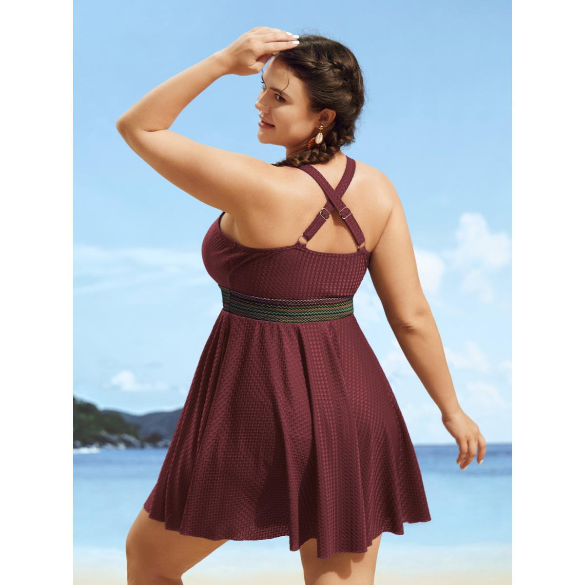 Plus Size Overlap Collar Textured Gathered Pocket Swim Dress Women's Swimwear Deepred Beach Bodycon Overlap Collar High stretch Curve Swim Dresses BloomChic 26/4X Product Image