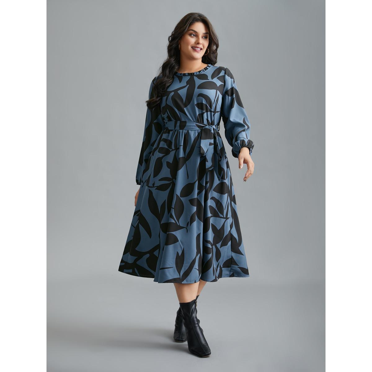 Plus Size Silhouette Floral Print Frill Trim Dress Aegean Women Elegant Belted Round Neck Long Sleeve Curvy BloomChic 14-16/1X Product Image