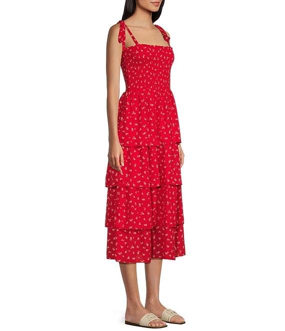 Midnight Doll Wool Doddy Print Square Neck Tie Strap Tiered Midi Dress Product Image