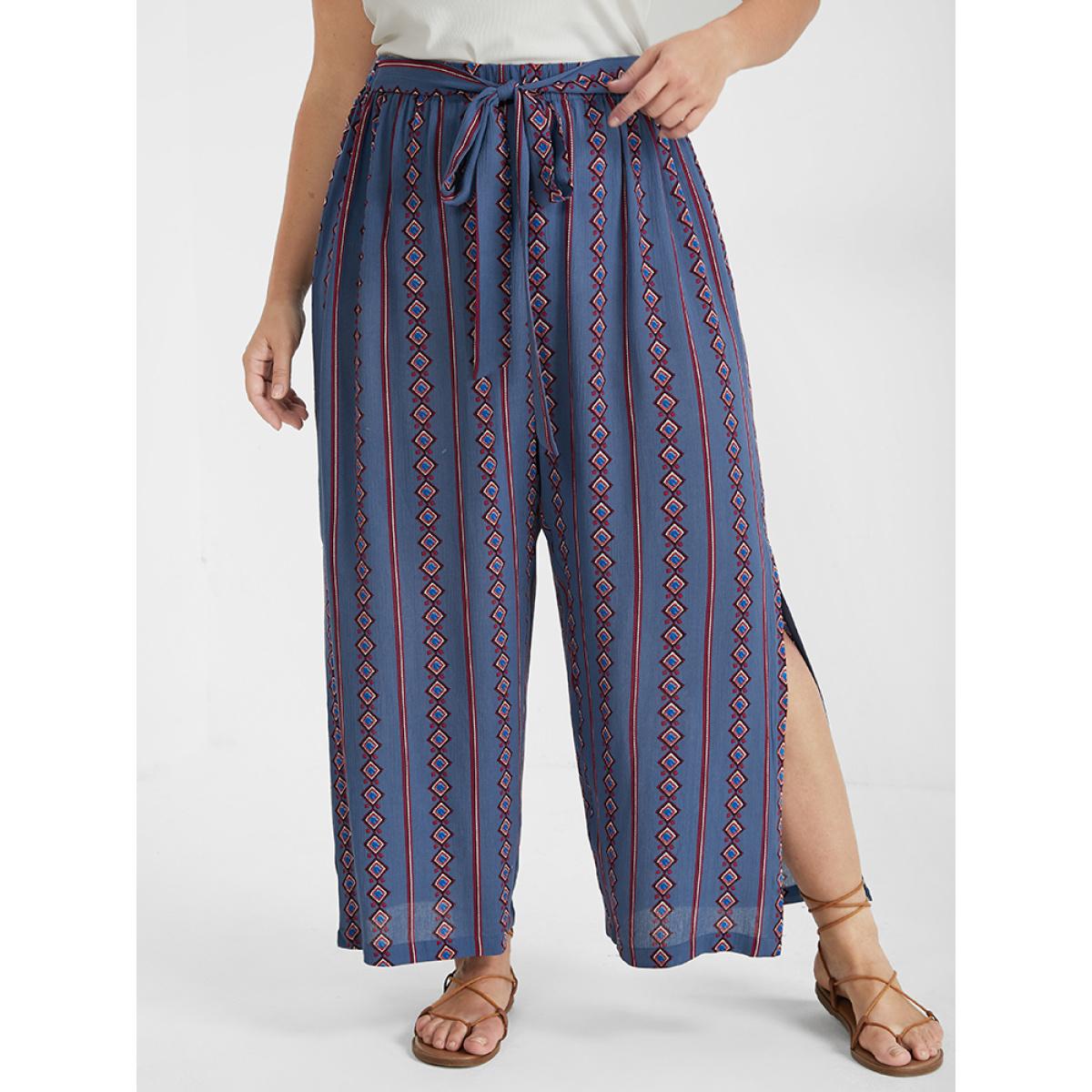 Plus Size Ditsy Floral Belted Split Loose Pants Women LightBlue Vacation Loose High Rise Dailywear Pants BloomChic 28/5X Product Image