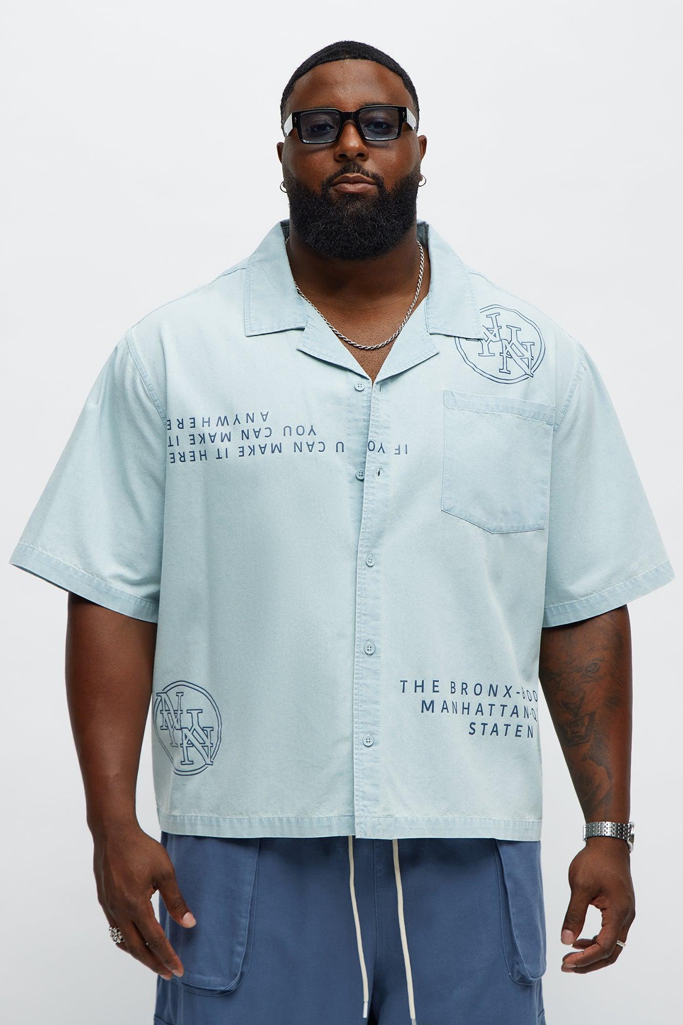 Denim Cuban Collar Button Up Shirt - Light Blue Wash Male Product Image