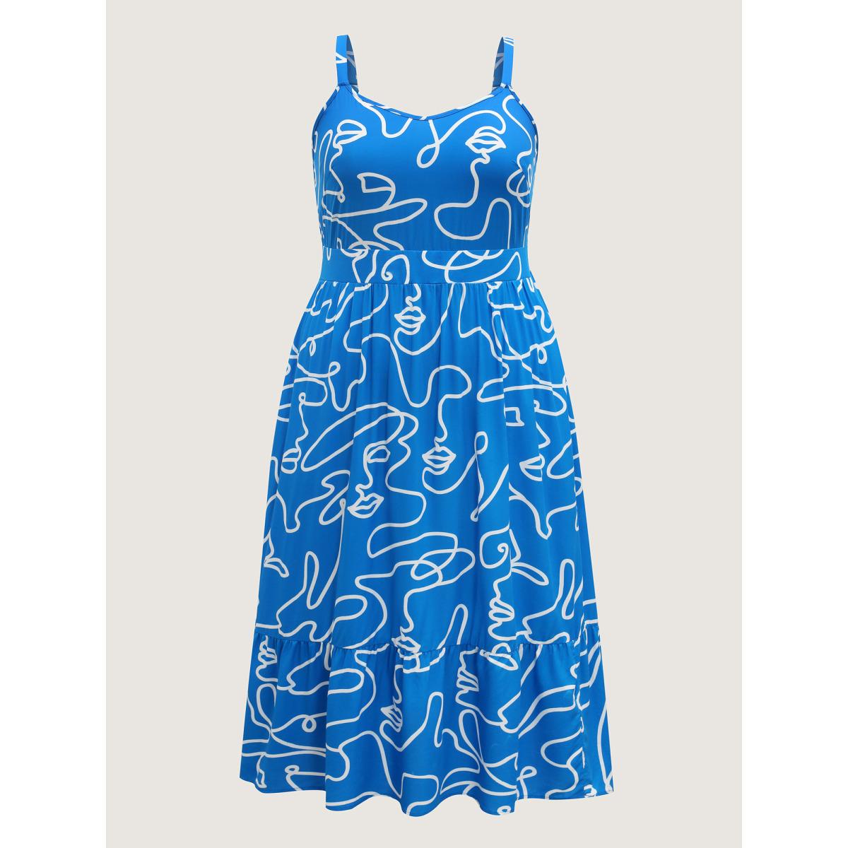 Plus Size Abstract Line Print Adjustable Midi Dress Mediumblue Women Non Sleeveless Curvy BloomChic 30/6X Product Image