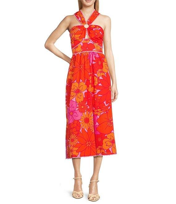 J.Marie Floral V-Neck Sleeveless Ric Rac Trim Midi A-Line Dress Product Image