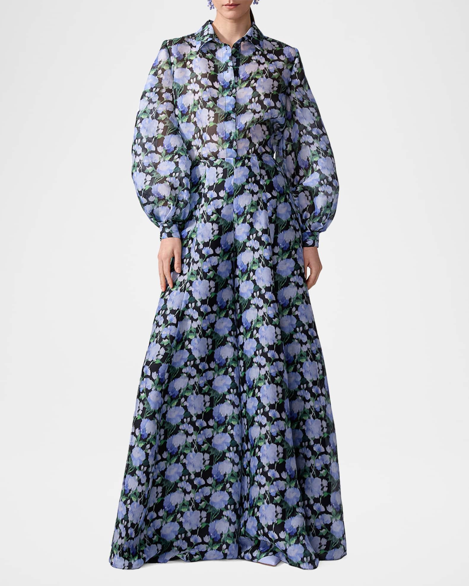 Floral Silk Puff-Sleeve Button-Down Shirt Product Image