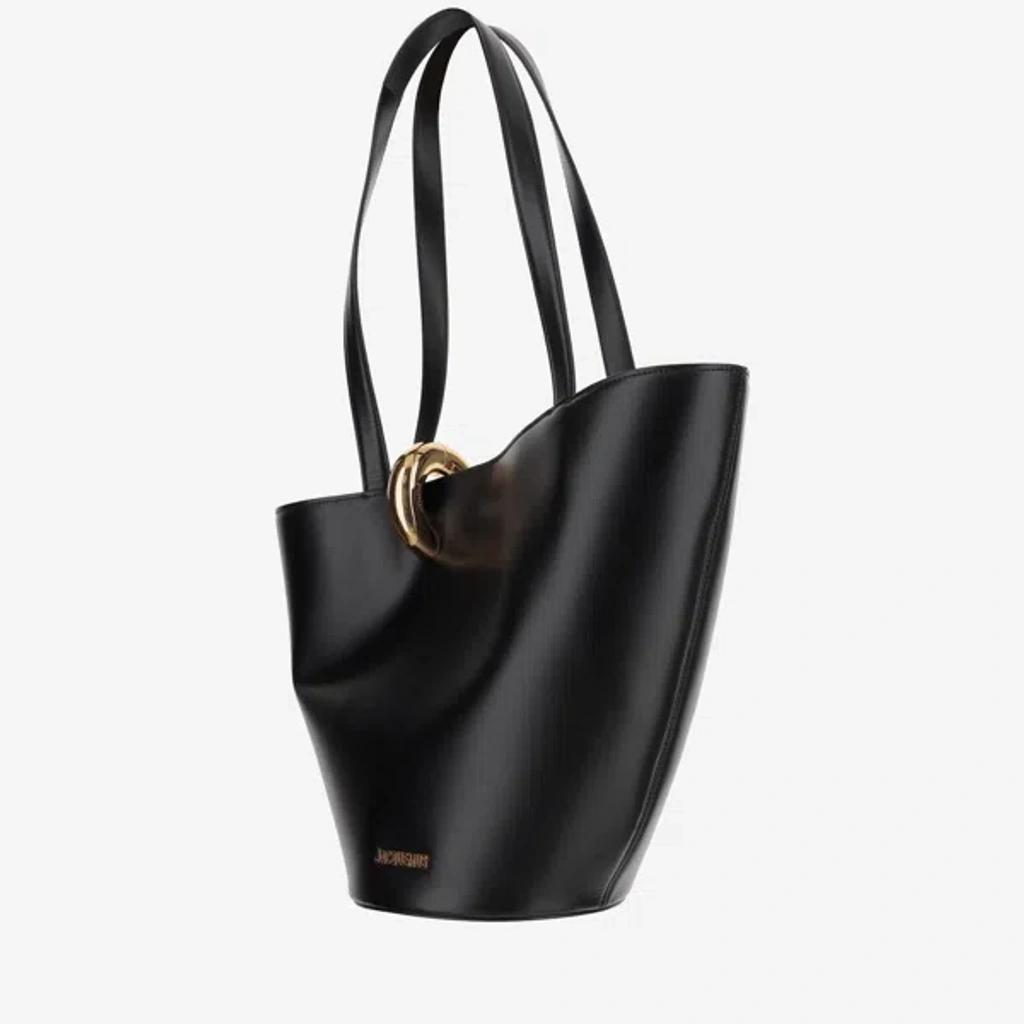 JACQUEMUS The Medium Bambola Asymmetric Leather Bucket Bag In Black 990 Product Image