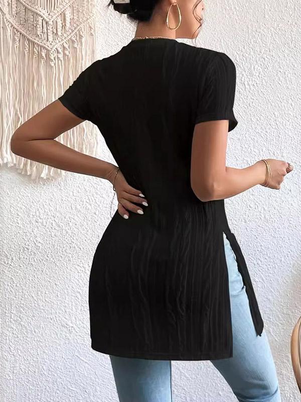 Short Sleeves Pleated Solid Color Split-Joint Split-Side Round-Neck T-Shirts Product Image