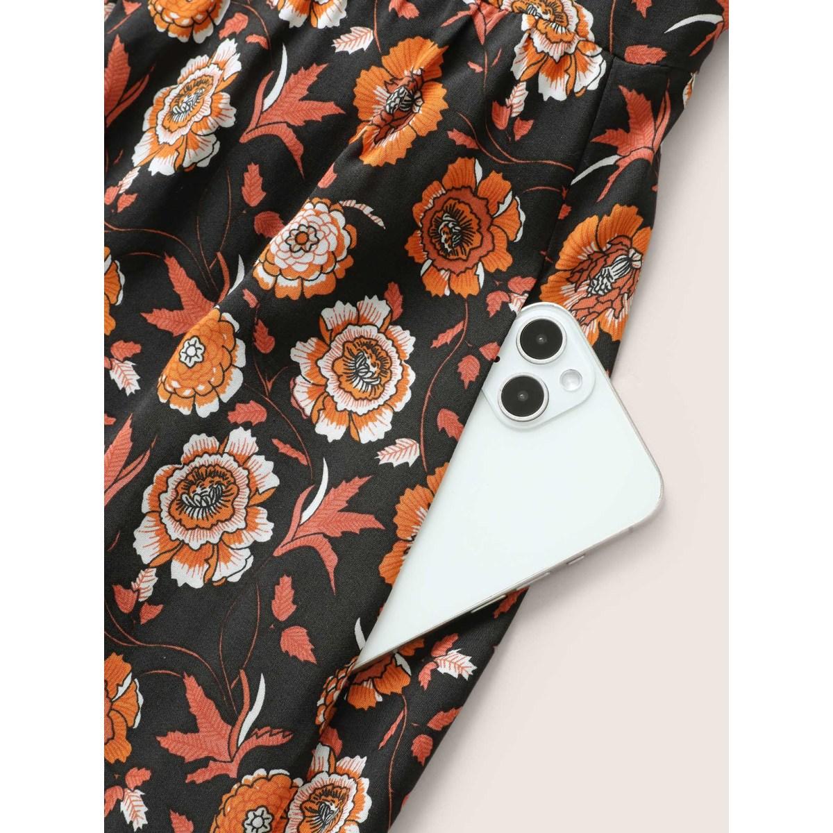 Plus Size Bandana Print Square Neck Pocket Ruffle Sleeve Dress Black Women Resort Non Square Neck Elbow-length sleeve Curvy Midi Dress BloomChic 14-16/1X Product Image