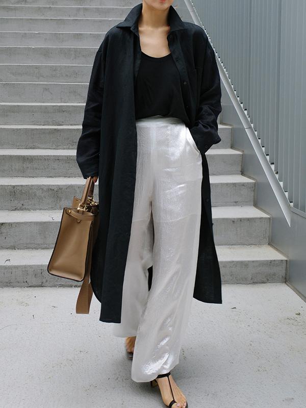 Simple Long Sleeves Split-Side Solid Color Lapel Midi Dresses Shirt Dress Product Image