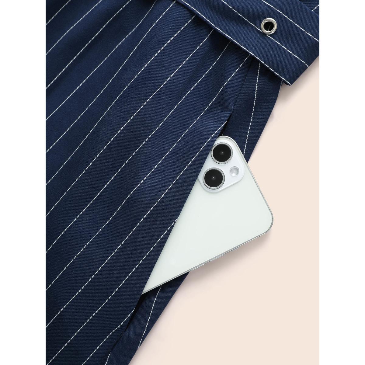 Plus Size Striped Notched Button Detail Belted Dress Navy Women At the Office Belted Flat collar with V-notch Short sleeve Curvy BloomChic 14-16/1X Product Image