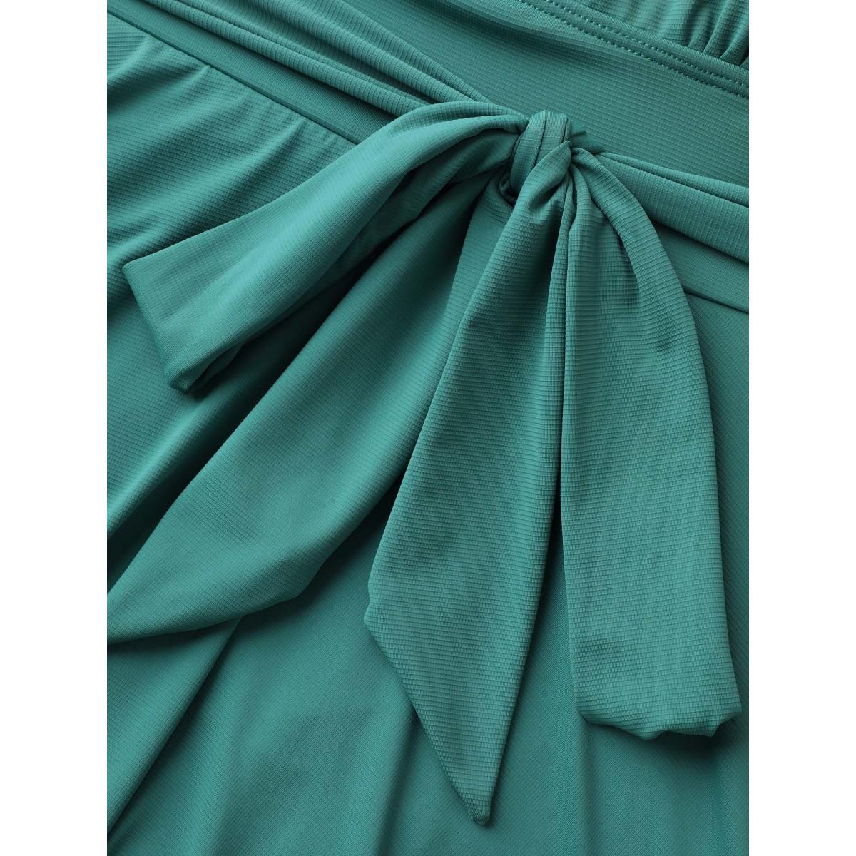 Plus Size Off Shoulder Lotus Leaf Edge Belted Swim Dress Women's Swimwear Turquoise Beach Bodycon One-shoulder neck High stretch Curve Swim Dresses BloomChic 18-20/2X Product Image