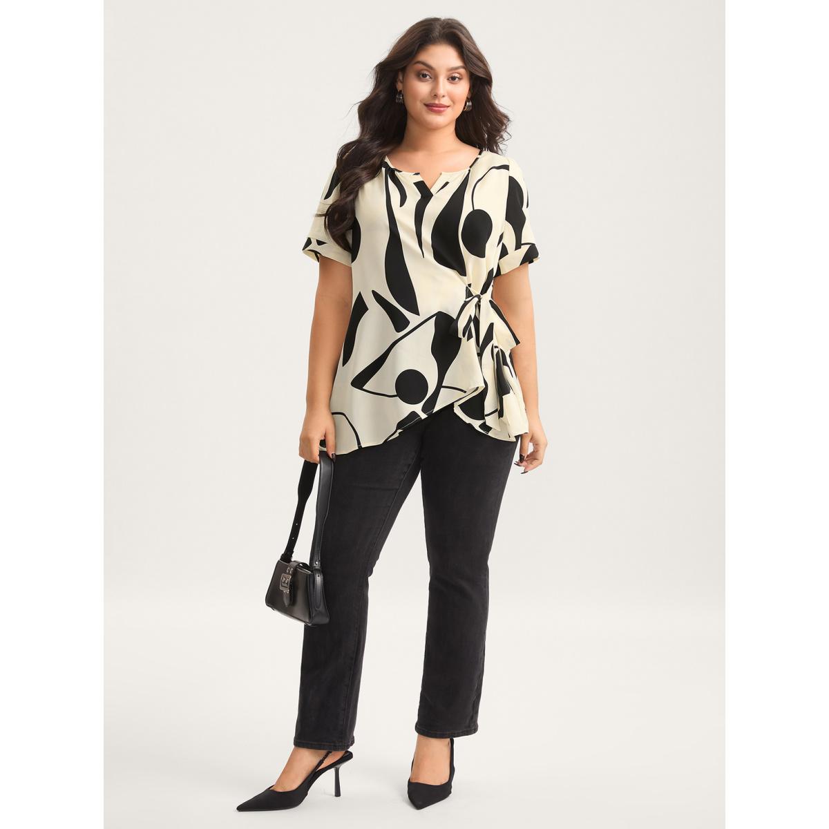 Plus Size Beige Abstract Print Knotted Blouse Women Short sleeve Flat collar with V-notch Work Blouses BloomChic 14-16/1X Product Image