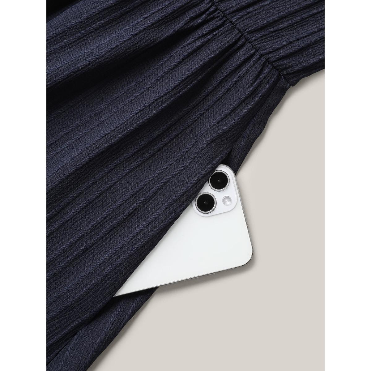 Plus Size Textured Lace Neckline Ruffled Sleeve Dress Navy Women Elegant Woven ribbon&lace trim V-neck Short sleeve Curvy BloomChic 30/6X Product Image