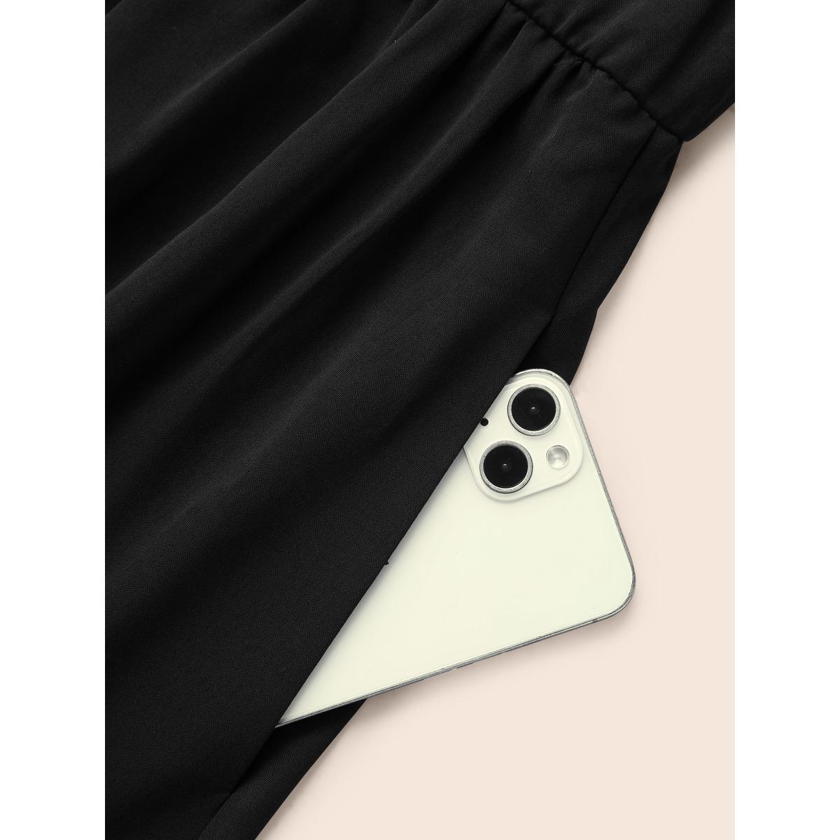 Plus Size Notched Stereo Flower Design Midi Dress Black Women Resort Woven ribbon&lace trim Notched collar Elbow-length sleeve Curvy BloomChic 30/6X Product Image