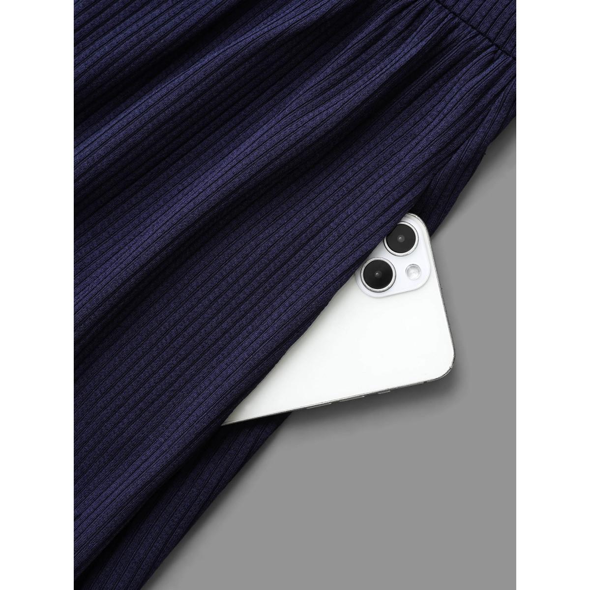 Plus Size Pit Strip Pocket Waist-Cinching Midi Dress DarkBlue Women Elegant Woven ribbon&lace trim V-neck Long Sleeve Curvy BloomChic 28/5X Product Image