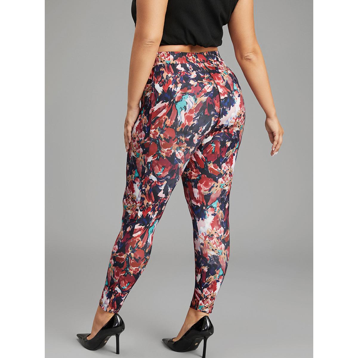 Plus Size Pixel Flower Pocket Elastic Waist High Rise Leggings Women Multicolor Casual High stretch Skinny High Rise Everyday Leggings BloomChic 28/5X Product Image