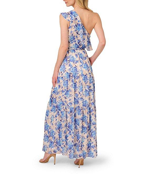 Adrianna Papell Floral Stripe Satin One Shoulder Ruffle Trim Belted A-Line Maxi Dress Product Image