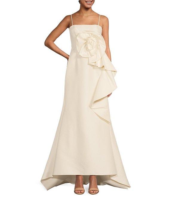 Muse by Marchesa Stretch Mikado 3D Rosette Running Side Ruffle Straight Neck Spaghetti Strap Fit and Flare Gown Product Image