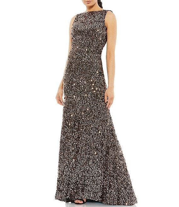 Ieena for Mac Duggal Sequin Drape Back Detail Boat Neck Sleeveless Sheath Gown Product Image