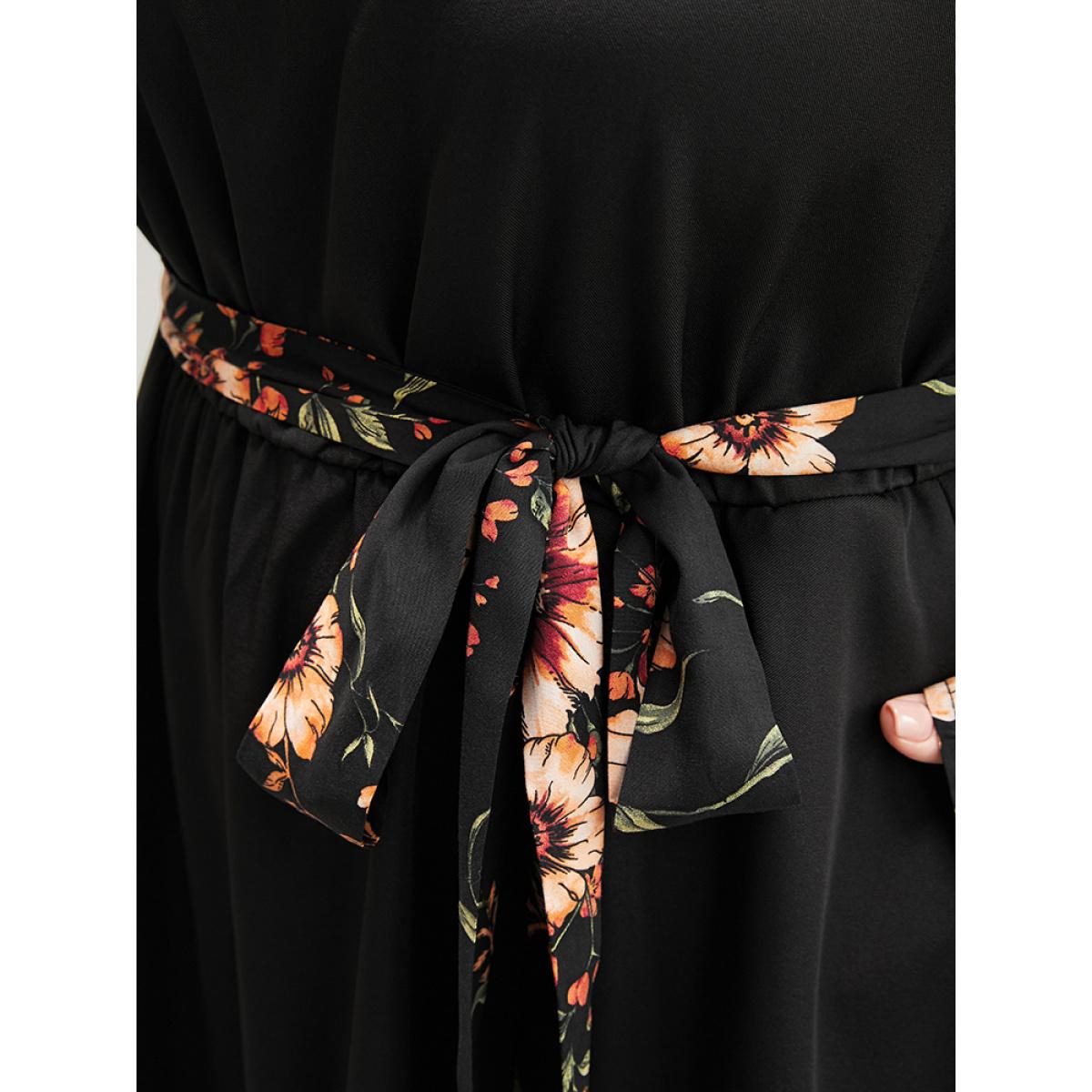 Plus Size Floral Patchwork Lantern Sleeve Pocket Belted Shirred Mock Neck Dress Black Women Elegant Patchwork Mock Neck Long Sleeve Curvy Midi Dress BloomChic 14-16/1X Product Image