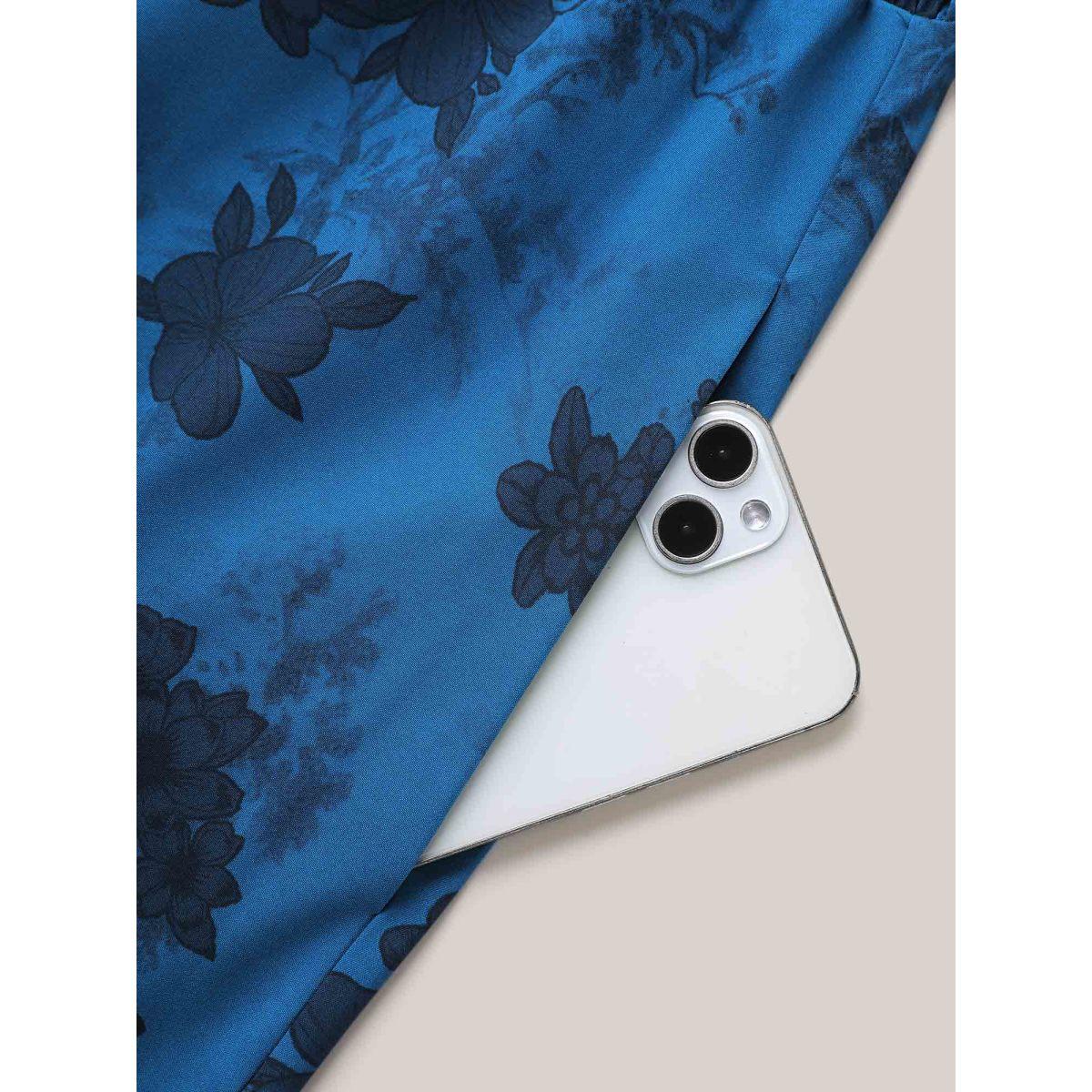 Plus Size Silhouette Flower Shirred Pockets Midi Dress Mediumblue Women Elegant Shirred Notched collar Short sleeve Curvy BloomChic 30/6X Product Image