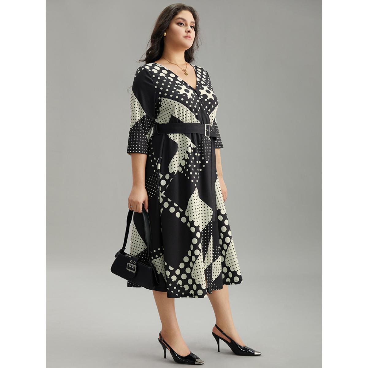 Plus Size Polka Dot Geometric print Belted Wrap Dress Black Women At the Office Wrap Overlap Collar Elbow-length sleeve Curvy Midi Dress BloomChic 18-20/2X Product Image