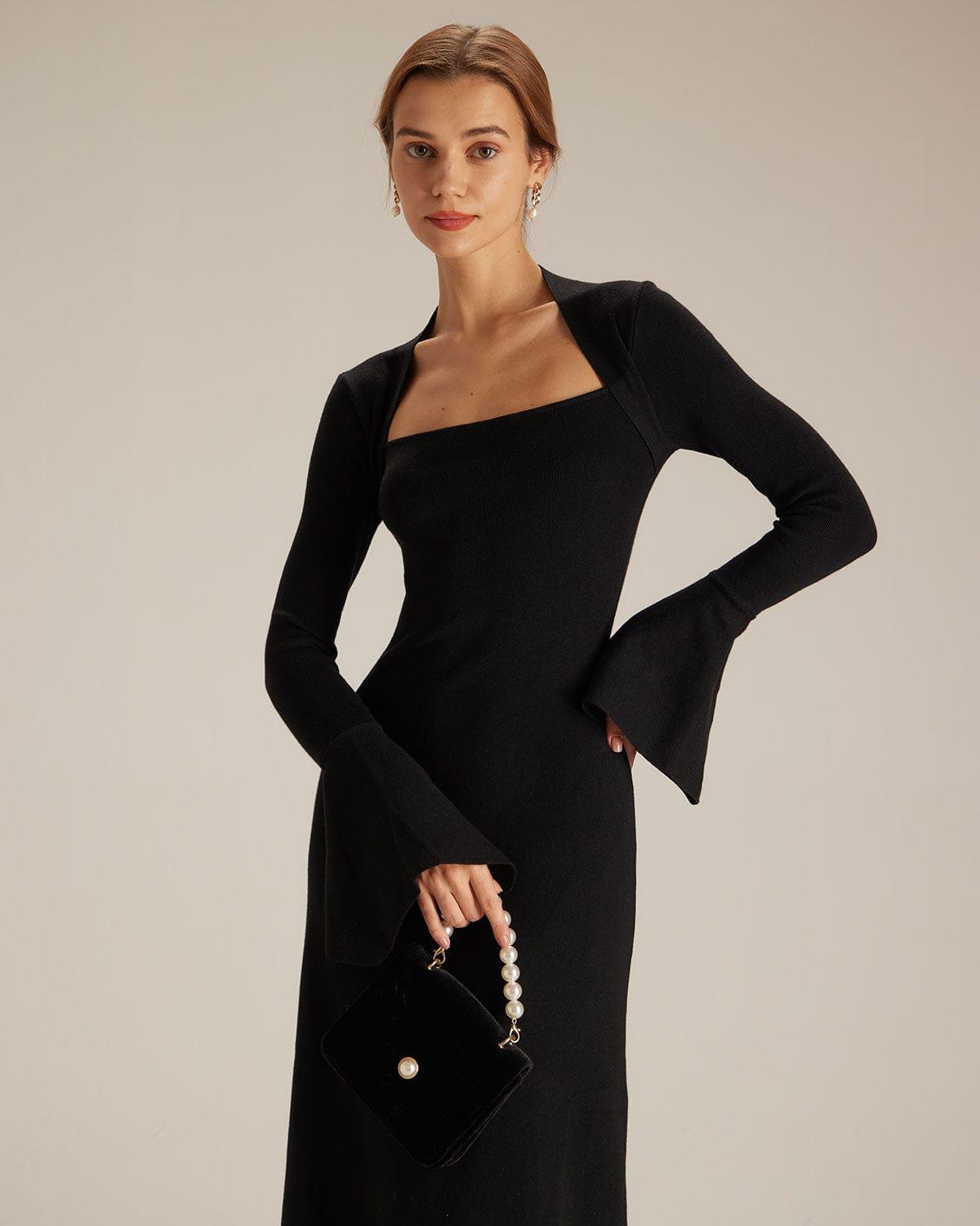 The Black Square Neck Flare Sleeve Midi Dress Product Image