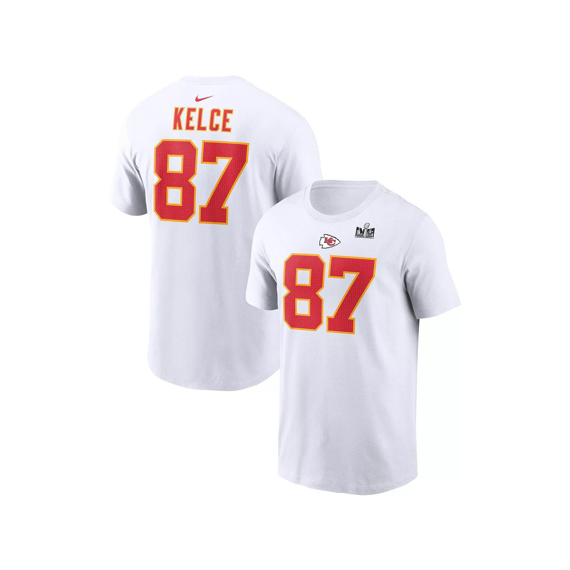 Men's Nike Travis Kelce White Kansas City Chiefs Super Bowl LVIII Patch Player Name & Number T-Shirt, Size: Large Product Image
