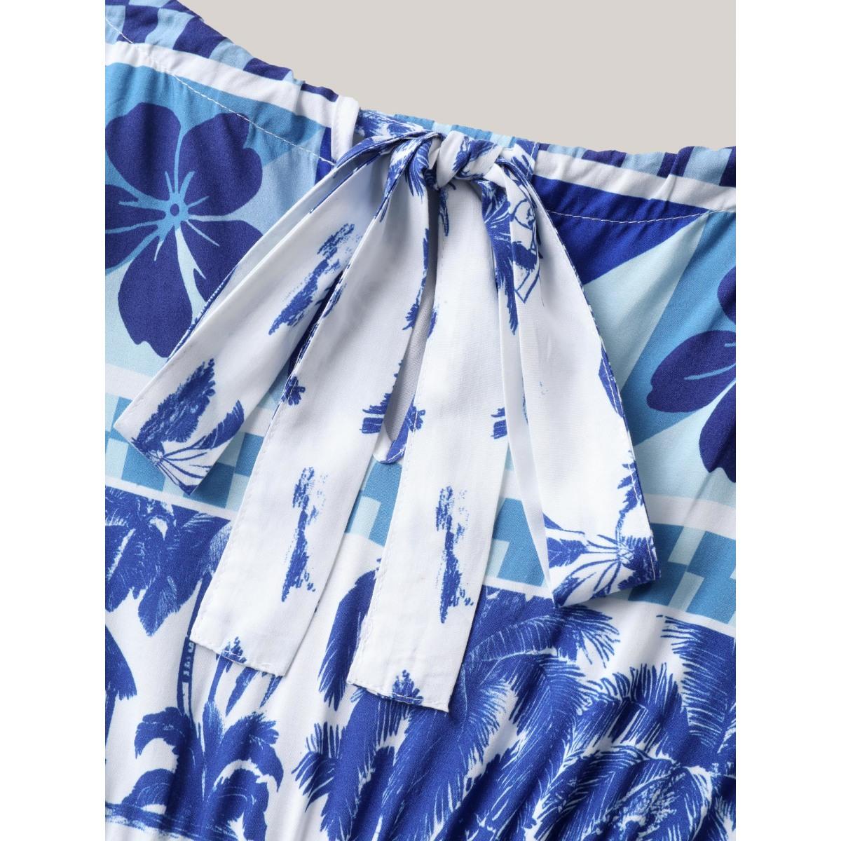 Plus Size Garden Print Stretchy Waist Pockets Midi Dress Skyblue Women Halter neck Sleeveless Curvy BloomChic 26/4X Product Image