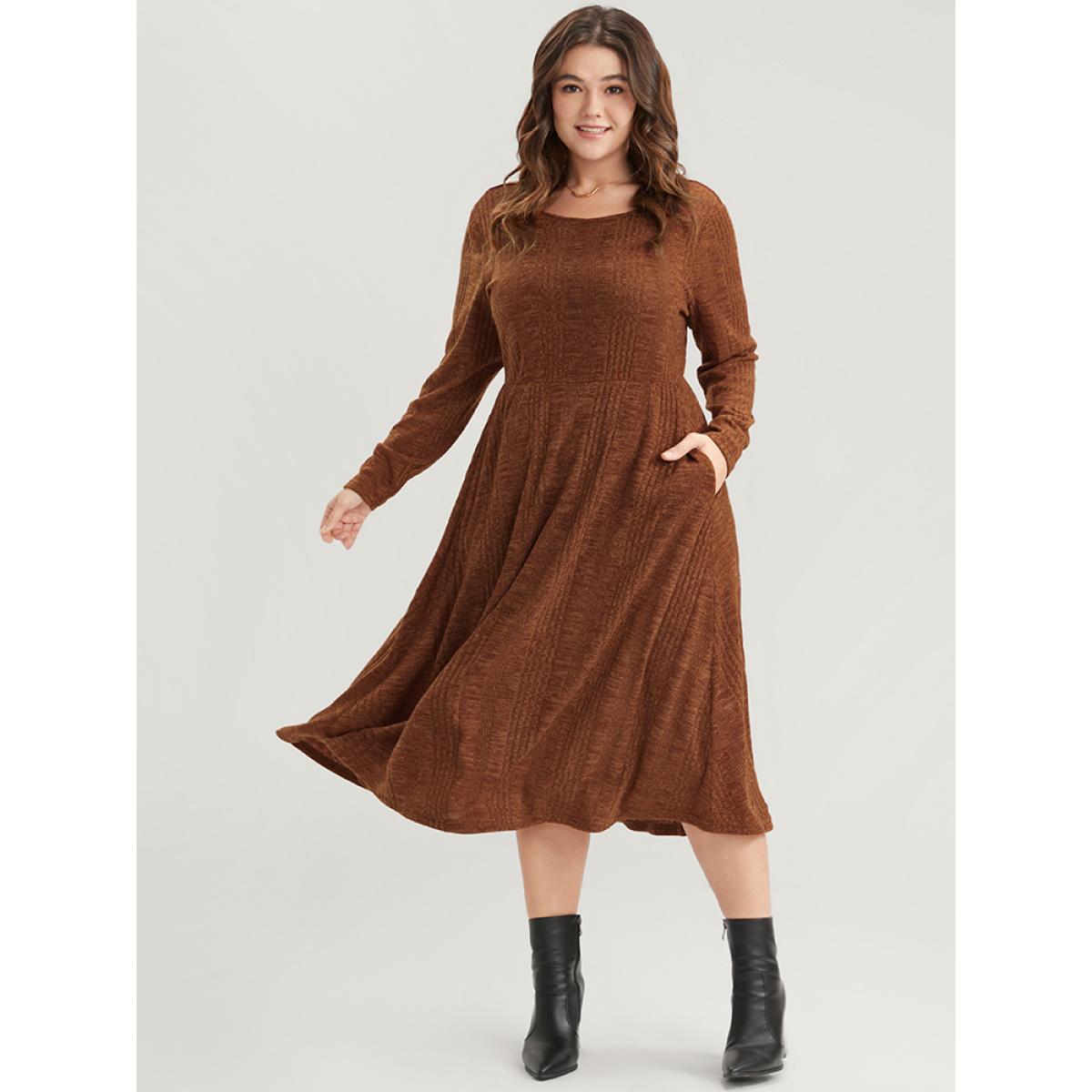 Plus Size Solid Round Neck Pocket Rib Knit Dress Without Belt Chocolate Women Elegant Elastic Waist Round Neck Long Sleeve Curvy Midi Dress BloomChic 14-16/1X Product Image